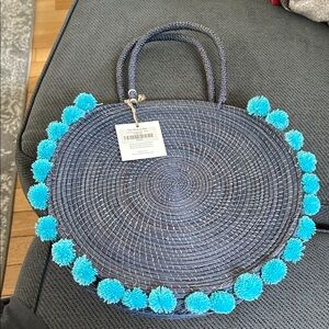 Blue Woven Tote Bag with Pom Poms